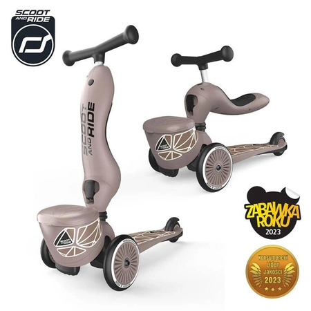 SCOOTANDRIDE Highwaykick 1 Lifestyle 2w1 Jeździk i hulajnoga z zamykanym schowkiem 1-5 lat Brown Lines
