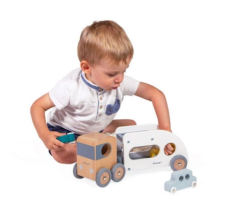 Laweta z 3 pojazdami drewniana Bolid 2+, Janod