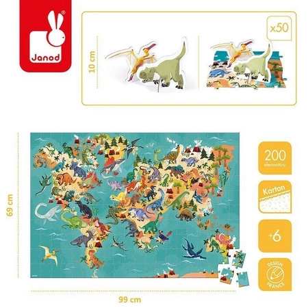 Puzzle edukacyjne z figurkami 3D Dinozaury 200 elementów 6+, Janod