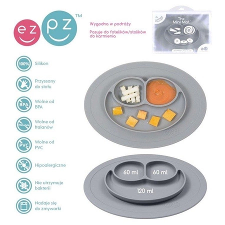 EZPZ Silikonowy talerzyk z podkładką mały 2w1 Mini Mat + pokrywka GRATIS szary