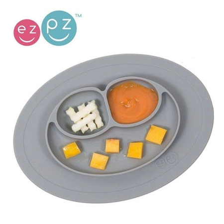 EZPZ Silikonowy talerzyk z podkładką mały 2w1 Mini Mat + pokrywka GRATIS szary