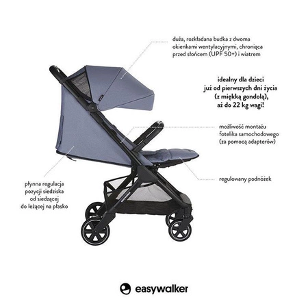 Easywalker Jackey Kompaktowy, samoskładający się wózek spacerowy z torbą transportową Steel Grey
