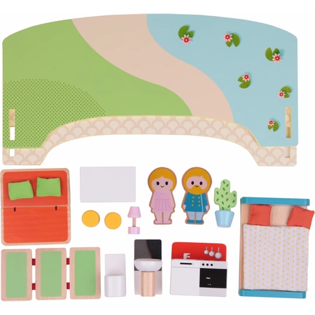 CLASSIC WORLD Nowoczesny Drewniany Domek Dla Lalek 21 Elementów