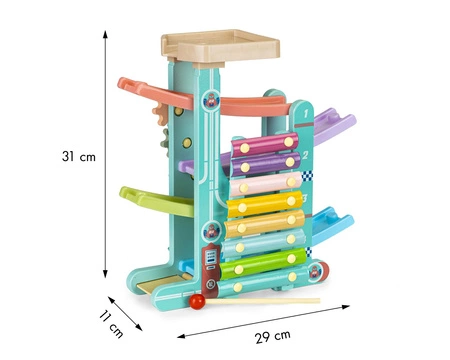 Drewniany tor zjeżdżalnia + 6 autek + cymbałki