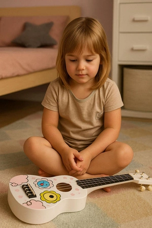 Gitara ukulele dla dzieci drewniana 4 struny nylonowe kostka do gry ECOTOYS