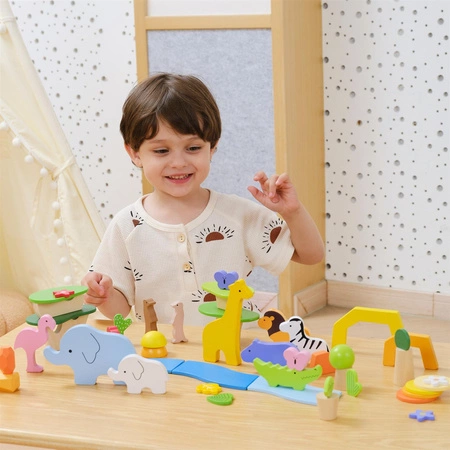 VIGA Drewniane Klocki Kolorowe Opowieści Tropikalne Pudełko 55el.