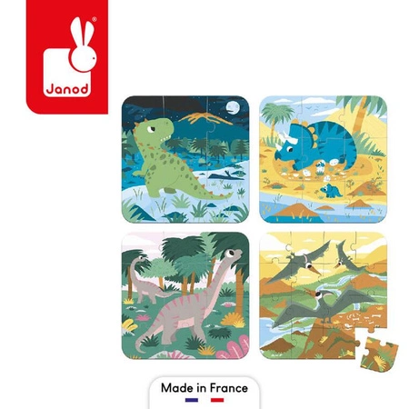 Puzzle progresywne w walizce Dinozaury 4 układanki – 6, 9, 12 i 16 elementów 2+, Made in France, Janod (stary indeks: J02657)