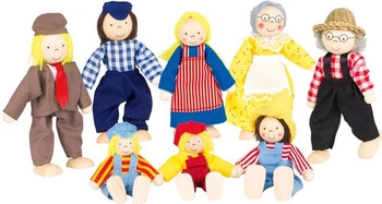 Duża farmerska rodzina, lalki drewniane, goki