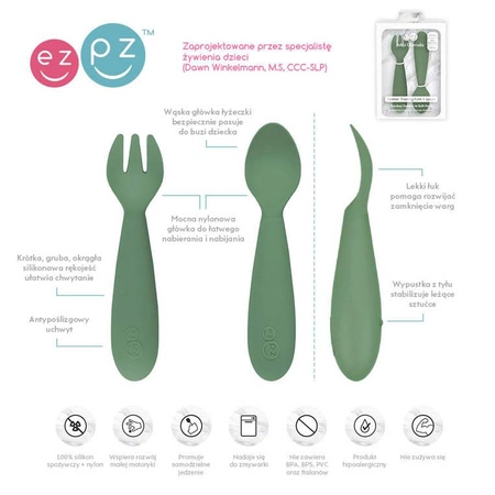 EZPZ Komplet naczyń silikonowych Mini Feeding Set oliwkowy