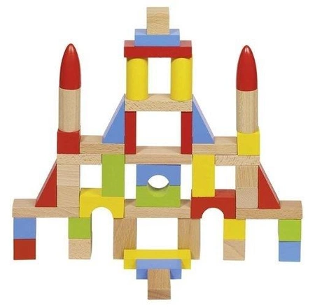 Drewniane klocki w bawełnianym worku, 50 el., 8 kształtów, goki basic.