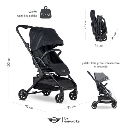 MINI by Easywalker Buggy TURN Kompaktowy wózek spacerowy z obrotowym siedziskiem 360° Oxford Black (z osłoną przeciwdeszczową w zestawie)