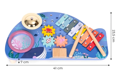 Stolik z instrumentami stół muzyczny cymbałki talerz perkusyjny tarka motyw morski ECOTOYS