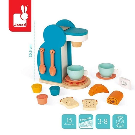 Drewniany zestaw śniadaniowy z ekspresem do kawy i 14 akcesoriami, Janod