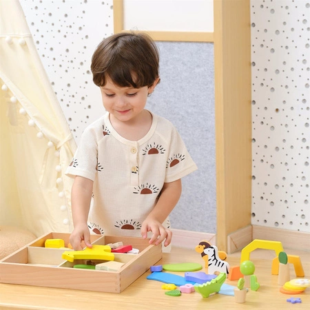 VIGA Drewniane Klocki Kolorowe Opowieści Tropikalne Pudełko 55el.