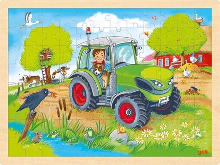 Puzzle drewniane 96 elementów Zielony traktor Goki 57326