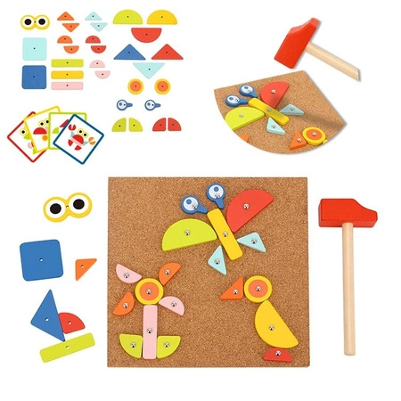 TOOKY TOY Układanka Tablica Korkowa Przybijanka z Młotkiem 20 Wzorów 82 el. Certyfikat FSC