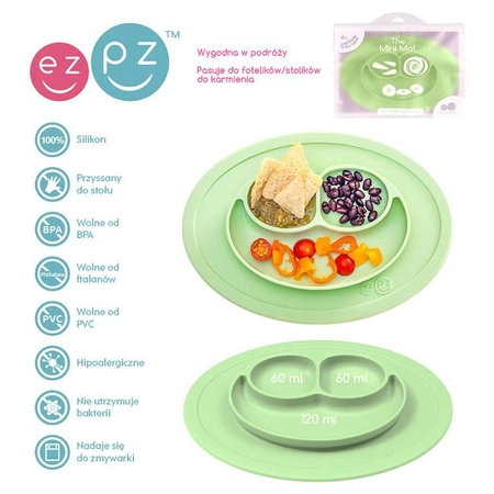 EZPZ Silikonowy talerzyk z podkładką mały 2w1 Mini Mat + pokrywka GRATIS pastelowa zieleń