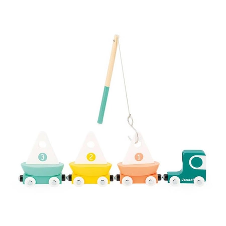 Pociąg drewniany z torami, łódkami i makietą jeziora Bolid 2+, Janod