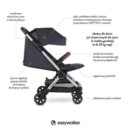 Easywalker Jackey Special Edition Kompaktowy, samoskładający się wózek spacerowy z torbą transportową Platinum
