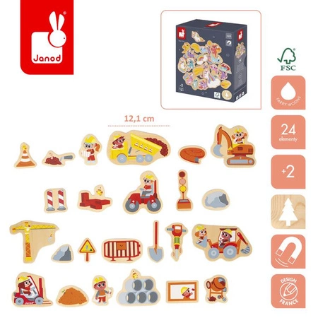 Janod Magnesy drewniane Plac budowy 24 szt. 2+