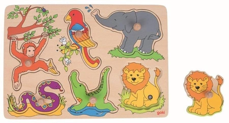 Układanka dla dzieci z uchwytami i dźwiękiem, Egzotyczne zwierzęta, 57862-Goki, układanki drewniane