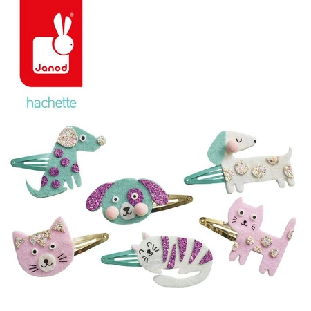 Janod Zestaw kreatywny do tworzenia biżuterii Brokatowe spinki do włosów Pieski i kotki 5+