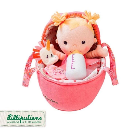 LILLIPUTIENS Lalka dzidziuś w gondoli z przytulanką i butelką mleka Louise 9 m+
