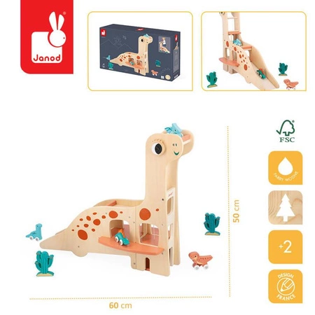 Drewniany garaż piętrowy z windą i 6 akcesoriami Dinozaury 2+, Janod