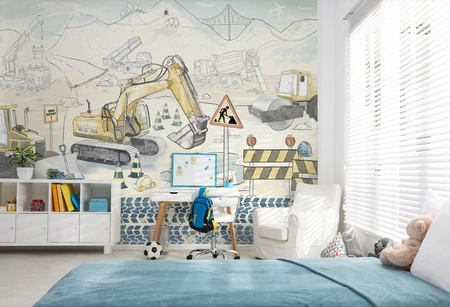 PLAC BUDOWY Mural - Blue - Tapeta Dla Chłopca Z Maszynami Budowlanymi