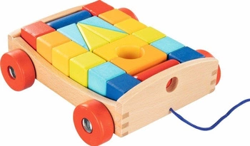 Drewniany wózek do ciągnięcia z klockami Kolorek 58719-Goki, zabawki drewniane