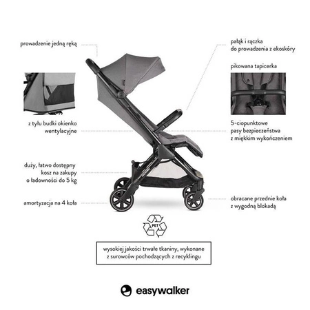 Easywalker Jackey Kompaktowy, samoskładający się wózek spacerowy z torbą transportową Marble Grey