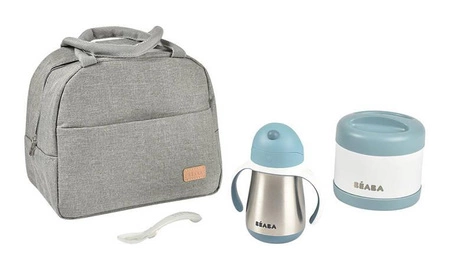 Beaba Zestaw podróżny w torbie izotermicznej: termos obiadowy ze stali nierdzewnej 500 ml, bidon termiczny ze słomką 250 ml i silikonowa łyżeczka 8m+ Windy Blue