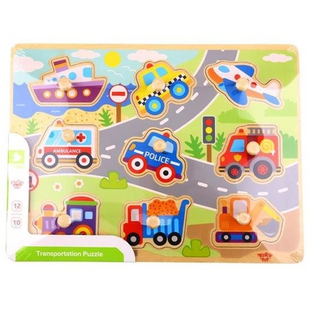 TOOKY TOY Drewniane Puzzle Montessori Transport Pojazdy z Pinezkami Do Dopasowania