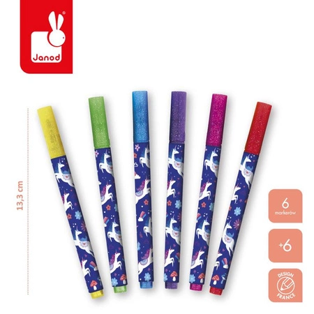 Janod Brokatowe flamastry markery 6 kolorów Jednorożce Kraina snów 6+