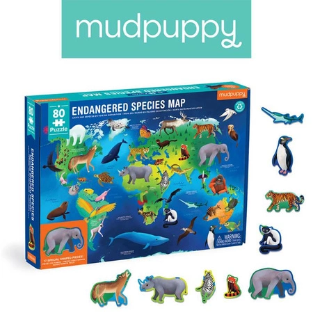 Mudpuppy Puzzle edukacyjne Zagrożone gatunki z elementami w kształcie zwierząt 80 elementów 5+