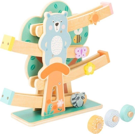 Drewniany tor zjeżdżalnia Pastelowe drzewo Miś i przyjaciele 11473-Small Foot, tory na kulki dla dzieci
