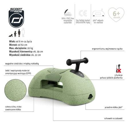 SCOOTANDRIDE My First Ewolucyjny jeździk pchacz 3w1 6 m+ Olive Oliwkowy
