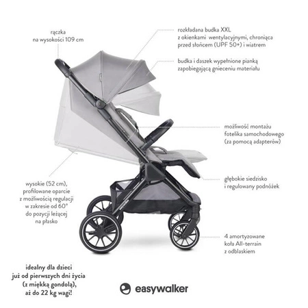 Easywalker Jackey² XL Komfortowy, samoskładający się wózek spacerowy z torbą transportową i osłoną przeciwdeszczową Pebble Grey