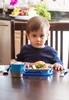 Talerz ze stali nierdzewnej z przegródkami i silikonową pokrywką Innobaby, różowy autobus