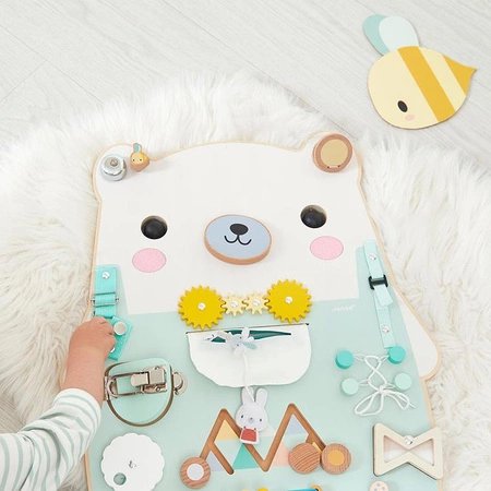 Janod Duża drewniana tablica manipulacyjna 20 aktywności Miś Pure 18m+