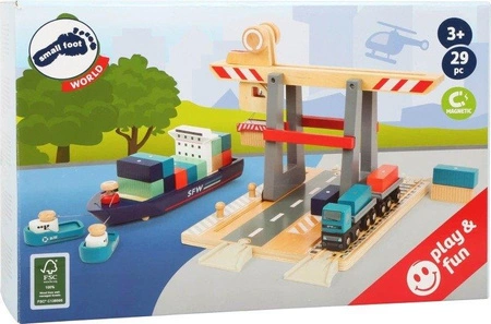 Drewniany zestaw z magnesami i dźwigiem do kolejki Kontenerowiec SFN z nabrzeżem 11378-Small Foot World, kolejki dla dzieci