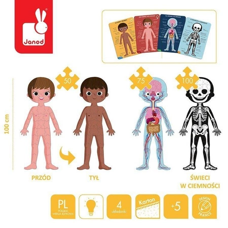Puzzle edukacyjne gigantyczne Ciało człowieka 50, 75 i 100 elementów 5 +, Janod