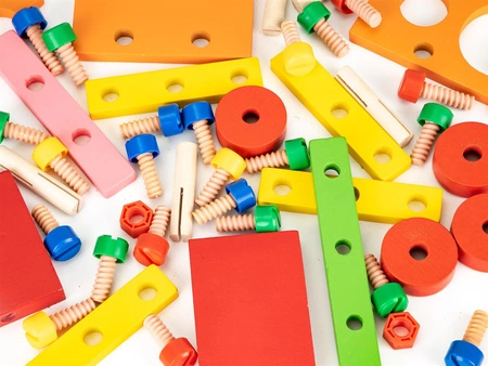 Drewniane klocki konstrukcyjne edukacyjne + narzedzia Ecotoys