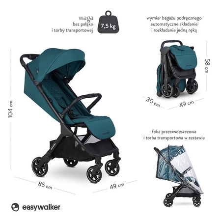 Easywalker Jackey Kompaktowy, samoskładający się wózek spacerowy z torbą transportową Teal Green