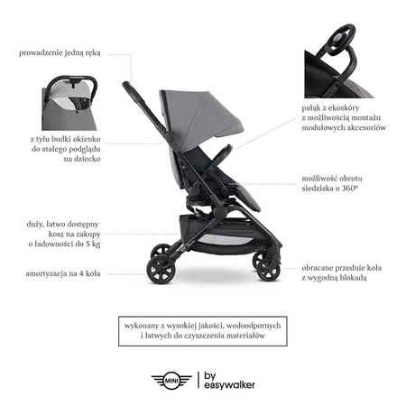 MINI by Easywalker Buggy TURN Kompaktowy wózek spacerowy z obrotowym siedziskiem 360° Soho Grey (z osłoną przeciwdeszczową w zestawie)