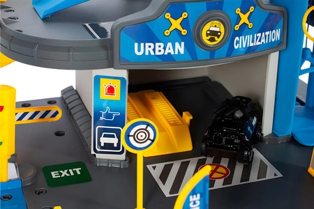 Garaż samochodowy komenda policji 3 poziomy z windą autka + helikopter 74 elementy