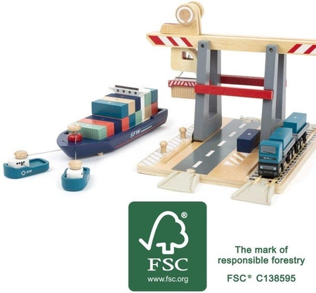 Drewniany zestaw z magnesami i dźwigiem do kolejki Kontenerowiec SFN z nabrzeżem 11378-Small Foot World, kolejki dla dzieci