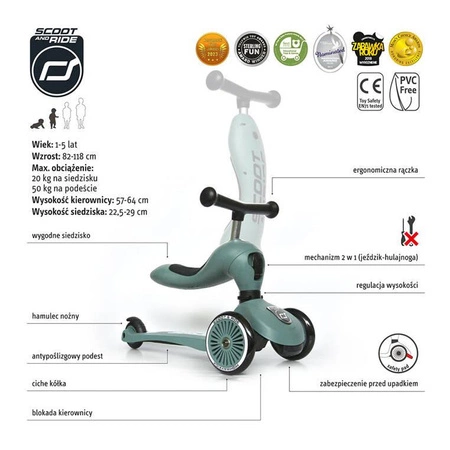 Zestaw SCOOTANDRIDE Highwaykick 1 2w1 Jeździk i hulajnoga 1-5 lat Forest + Kask XXS Forest