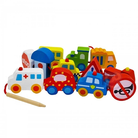 WOOPIE GREEN Drewniane Klocki do Nawlekania Pojazdy Samochody 13 el.