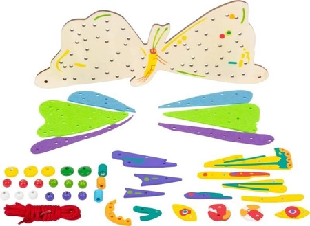 Drewniany motyl do nawlekania korali Bardzo głodna gąsienica 11432-Small Foot, sznurowanie dla dzieci